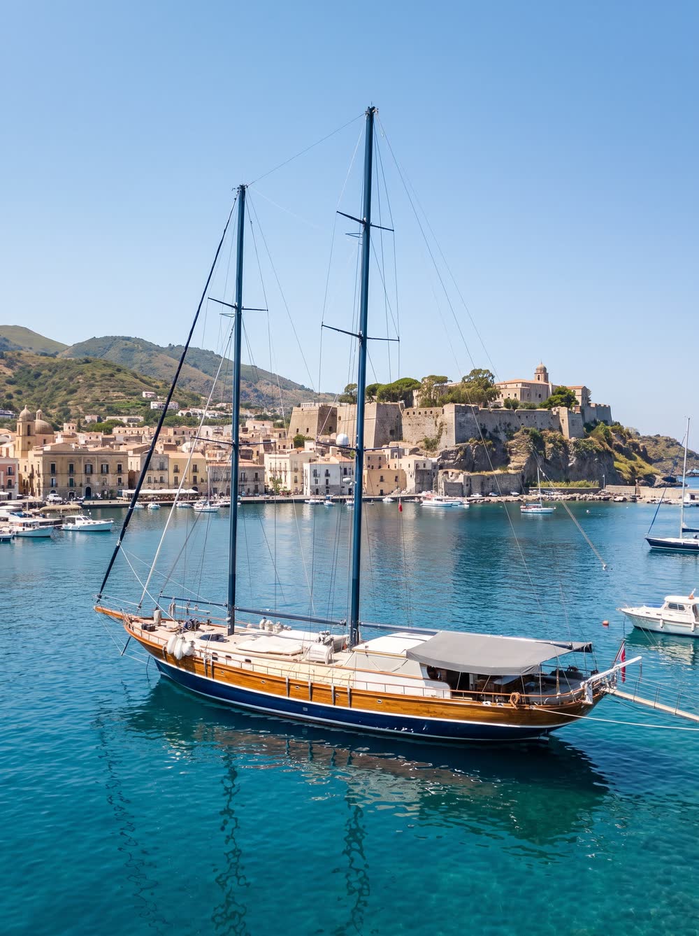 Il caicco alla fonda davanti alla cittadella di Lipari